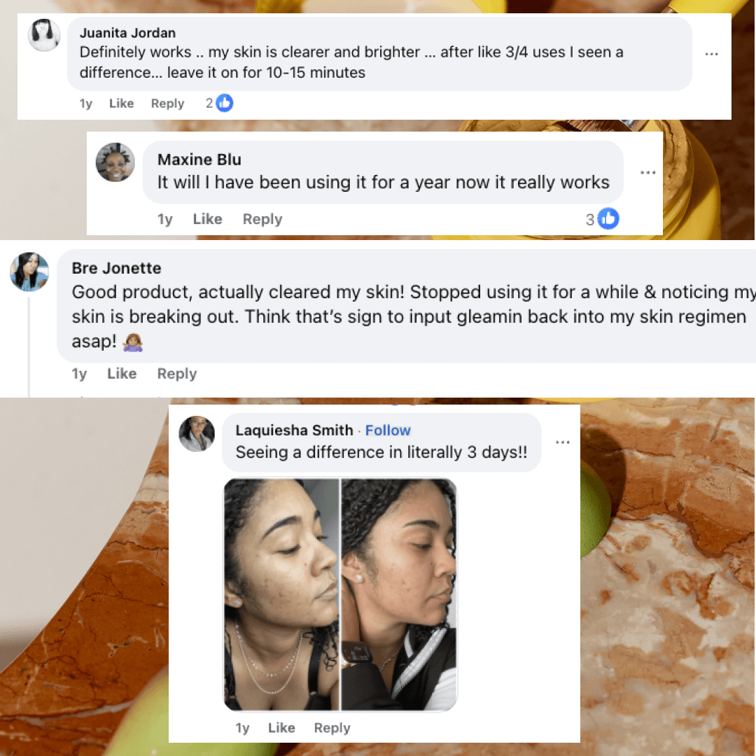 Vitamin C clay mask customer review screenshots with before-and-after photos