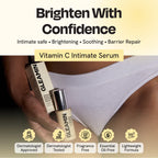 Intimate serum bottle on skin with benefit icons and treatment callouts
