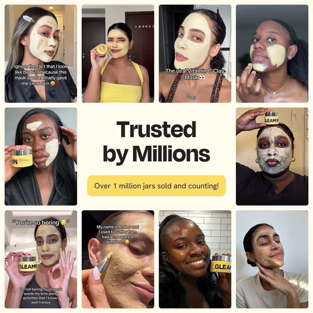Vitamin C clay mask user photos collage with mask application and jar