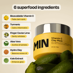 Vitamin C clay mask jar with hydro clay and superfood ingredient callouts