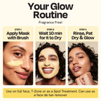 Vitamin C clay mask jar and brush applying pale yellow mask to cheek.