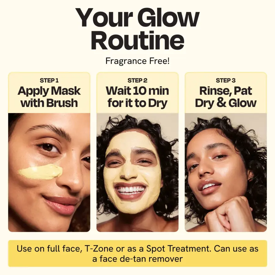 Vitamin C clay mask jar and brush applying pale yellow mask to cheek.