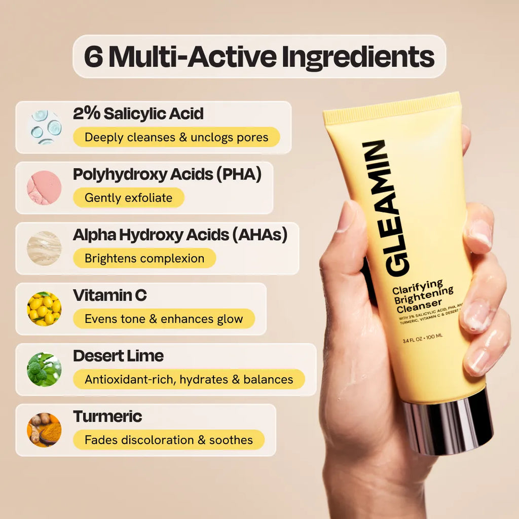 Yellow cleanser tube held in hand beside ingredients infographic
