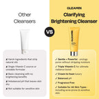 Comparison graphic showing GLEAMIN clarifying brightening cleanser vs other cleansers
