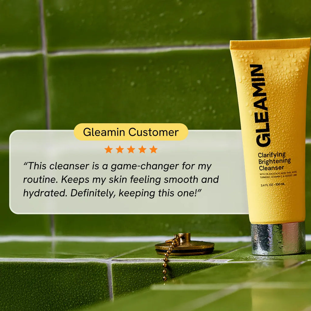 Yellow cleanser tube on tiled surface beside customer star rating callout