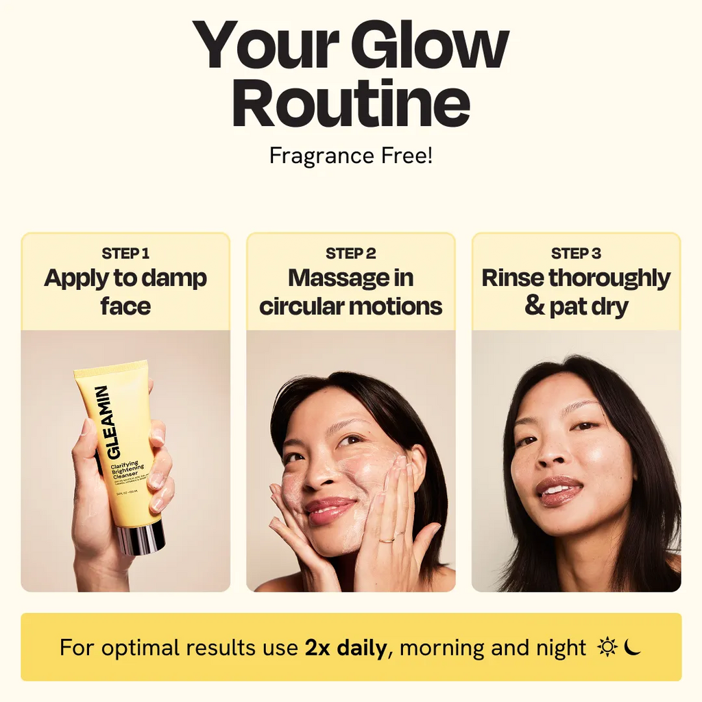 Skincare routine steps using the yellow clarifying brightening cleanser on face