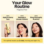 Skincare routine steps using the yellow clarifying brightening cleanser on face