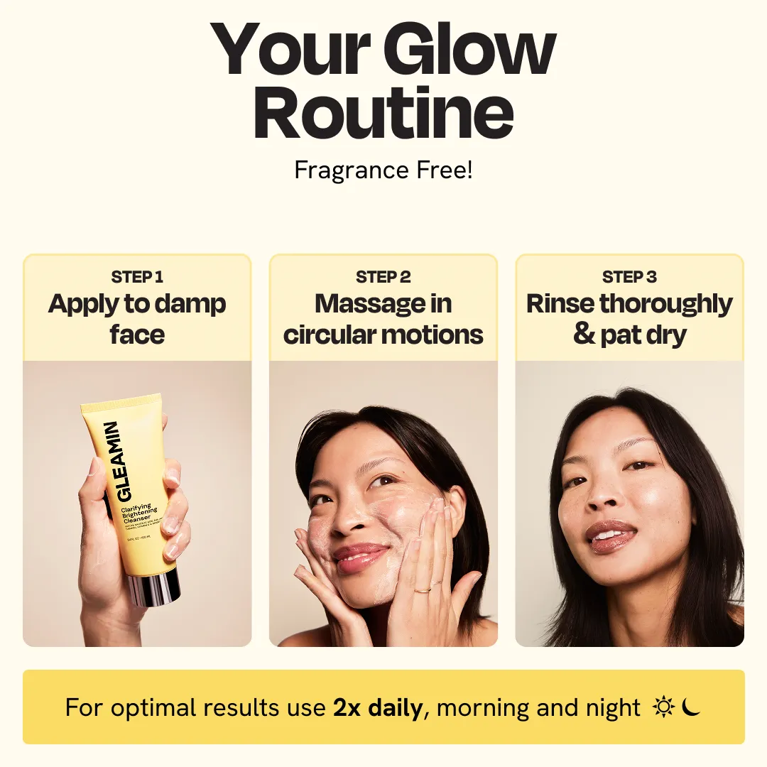 Skincare routine steps using the yellow clarifying brightening cleanser on face
