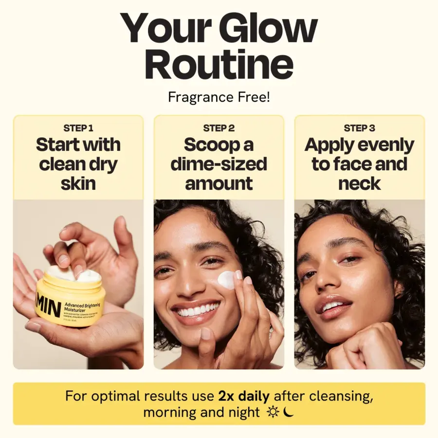 Moisturizer routine showing jar in hand and white cream applied to face.