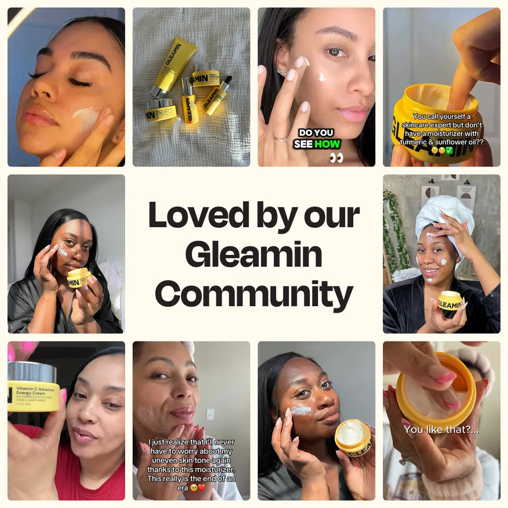 Yellow moisturizer jar shown in multiple skincare use photos.