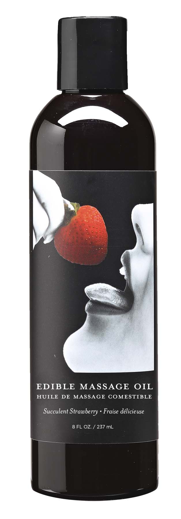 Edible massage oil bottle with strawberry label and black screw cap.