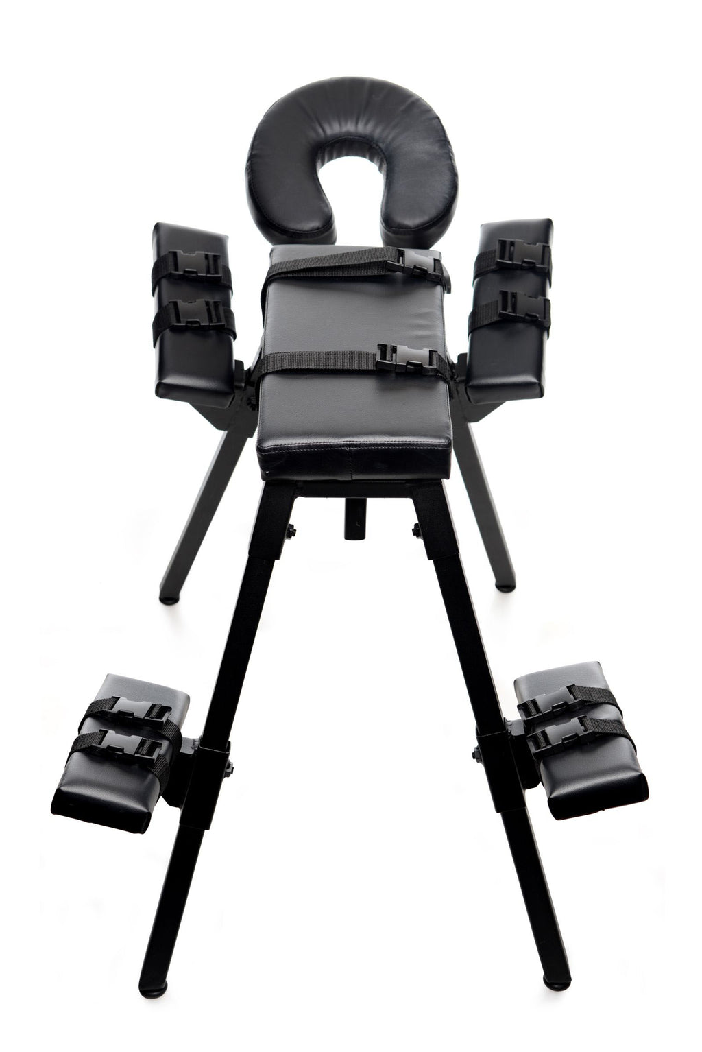 Black padded sex bench with circular headrest and four side restraint arms