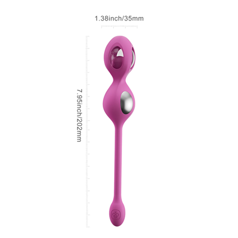 Pink kegel trainer with dual oval inserts shown with size guide measurement lines