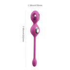 Pink kegel trainer with dual oval inserts shown with size guide measurement lines