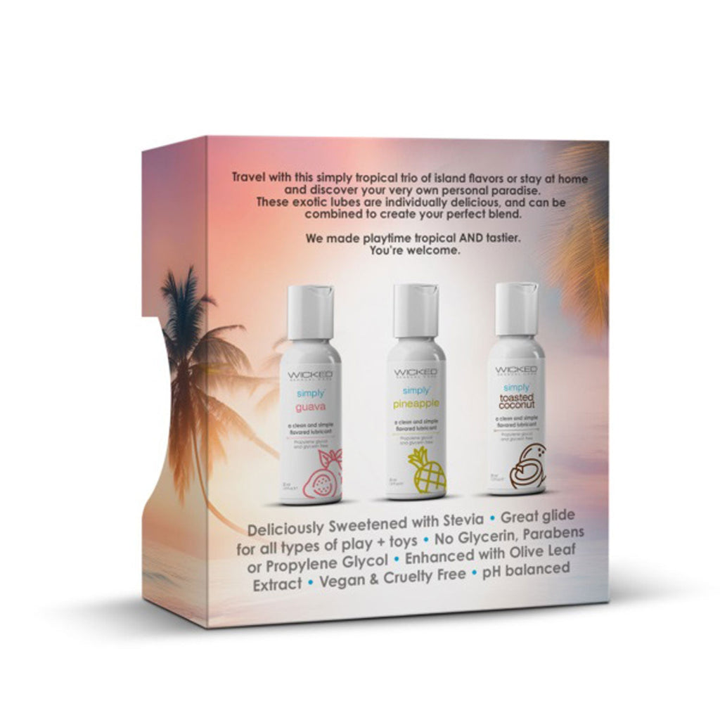 Tropical trio lube variety box back with three flavor bottles shown