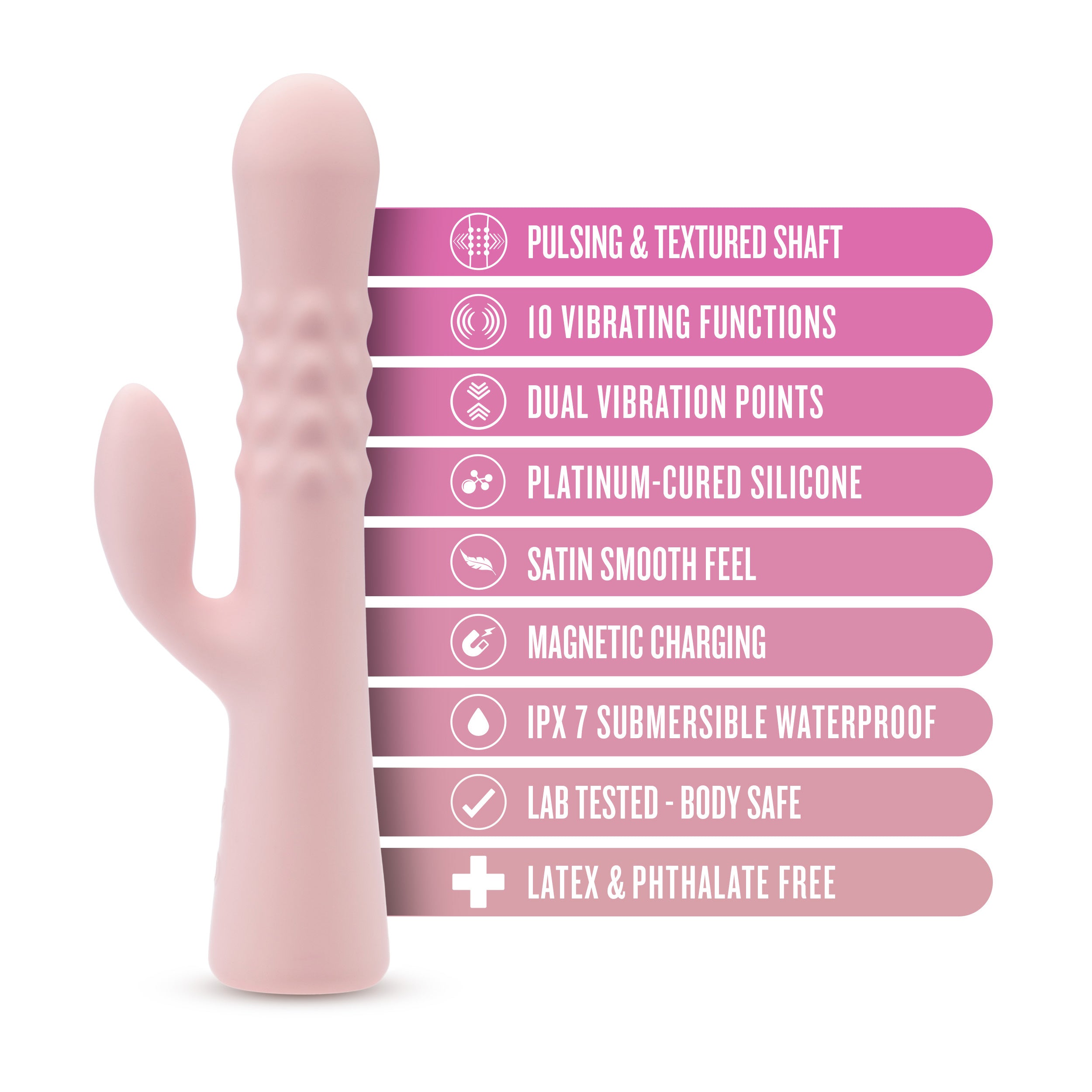 Pink curved silicone vibrator standing upright with textured shaft section
