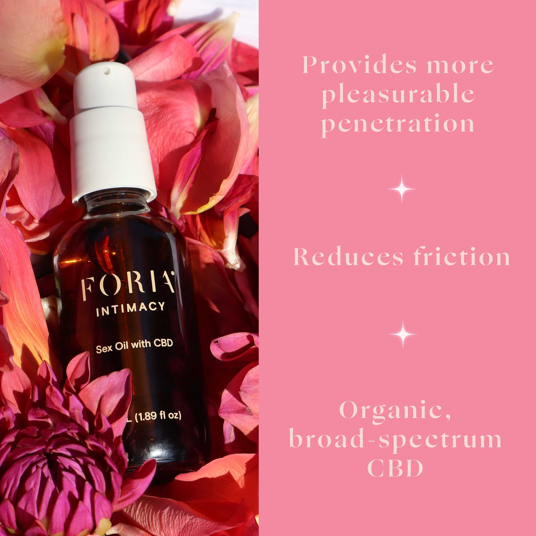 CBD sex oil bottle with white pump, shown close-up
