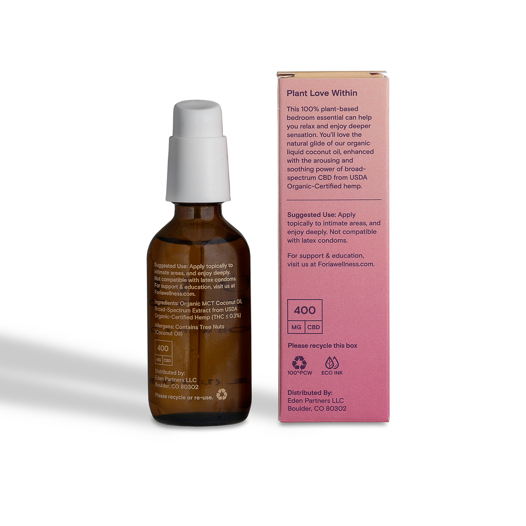 CBD sex oil bottle and box back panel with usage details, 400 mg