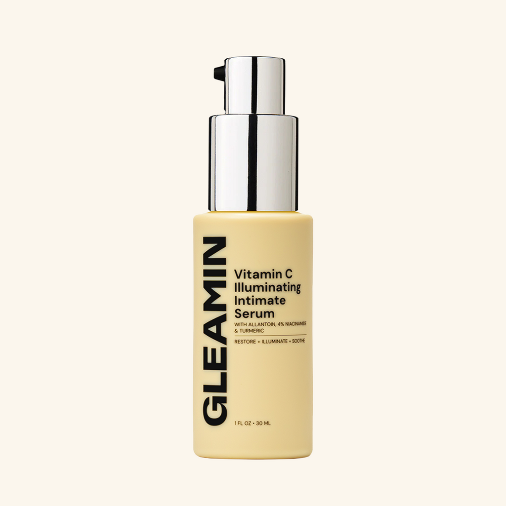 Intimate serum bottle with metallic pump, GLAMMIN label for Vitamin C Illuminating Intimate Serum