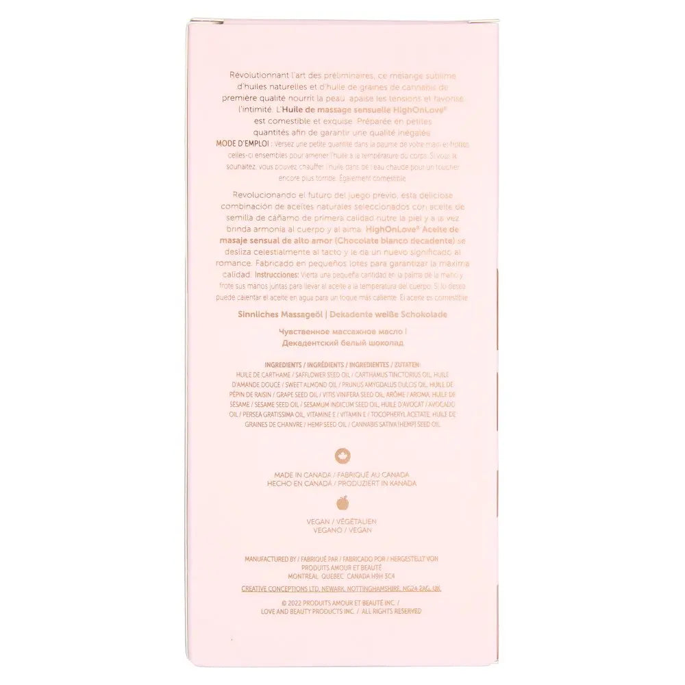 High Love massage oil box back panel with product details text