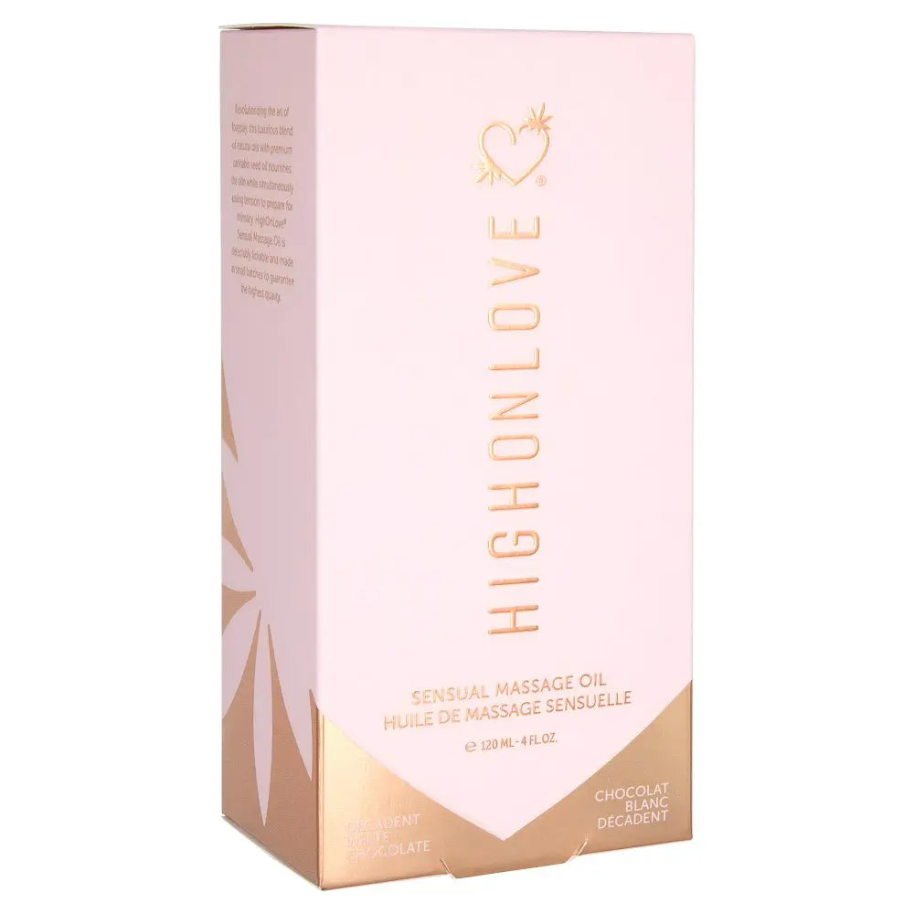 High Love chocolate massage oil box, pink with vertical lettering and gold accents