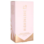 High Love chocolate massage oil box, pink with vertical lettering and gold accents