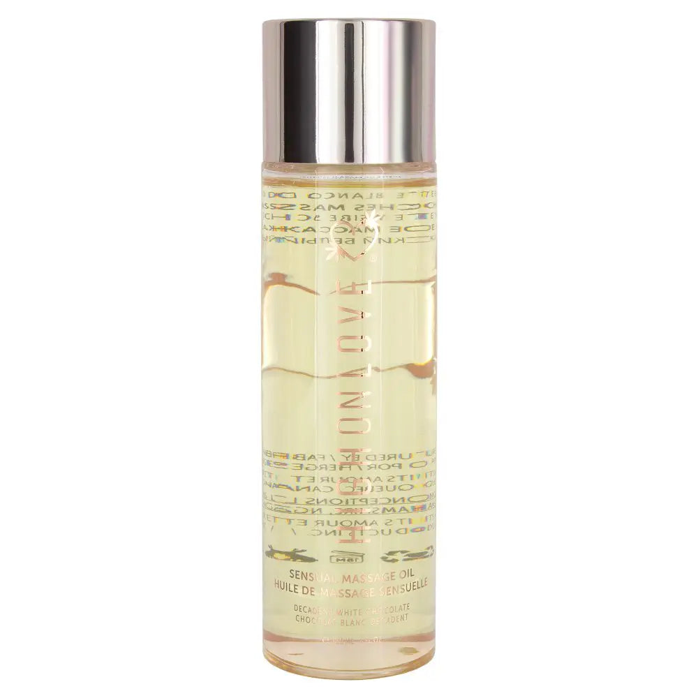 High Love massage oil bottle with gold spray-style cap, clear amber liquid