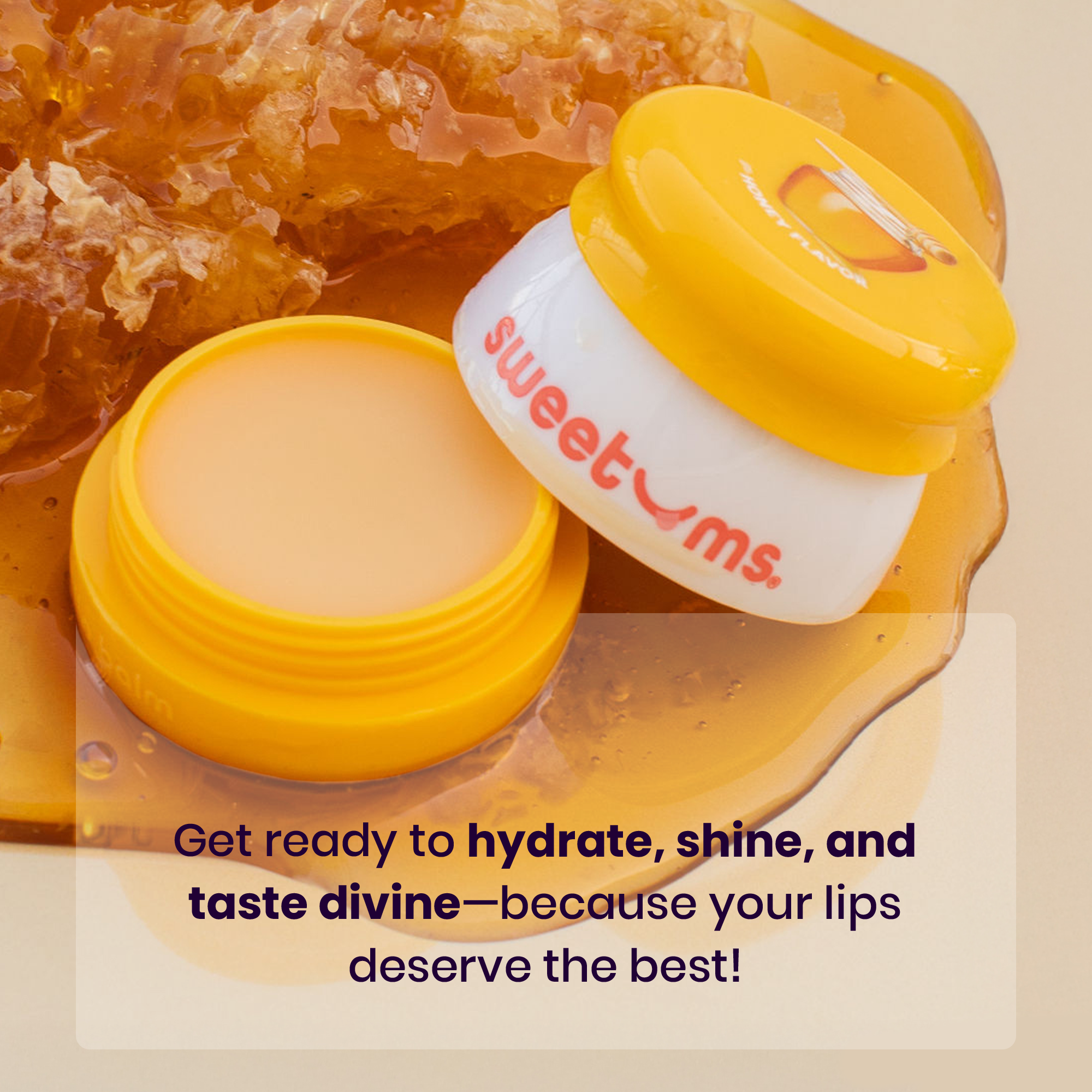 Open honey flavored lip balm jar with yellow cap