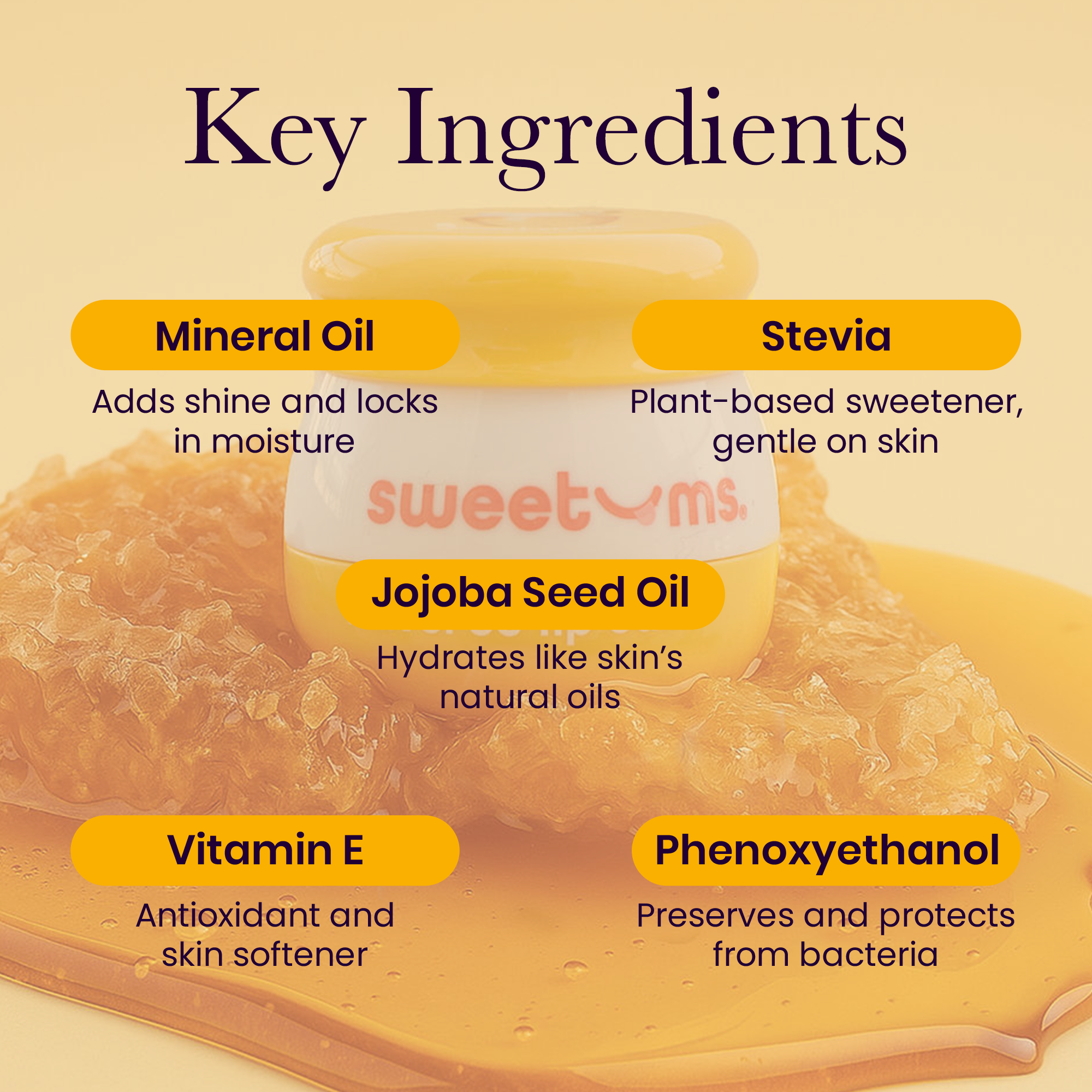 Honey flavored lip balm jar with key ingredient highlight labels