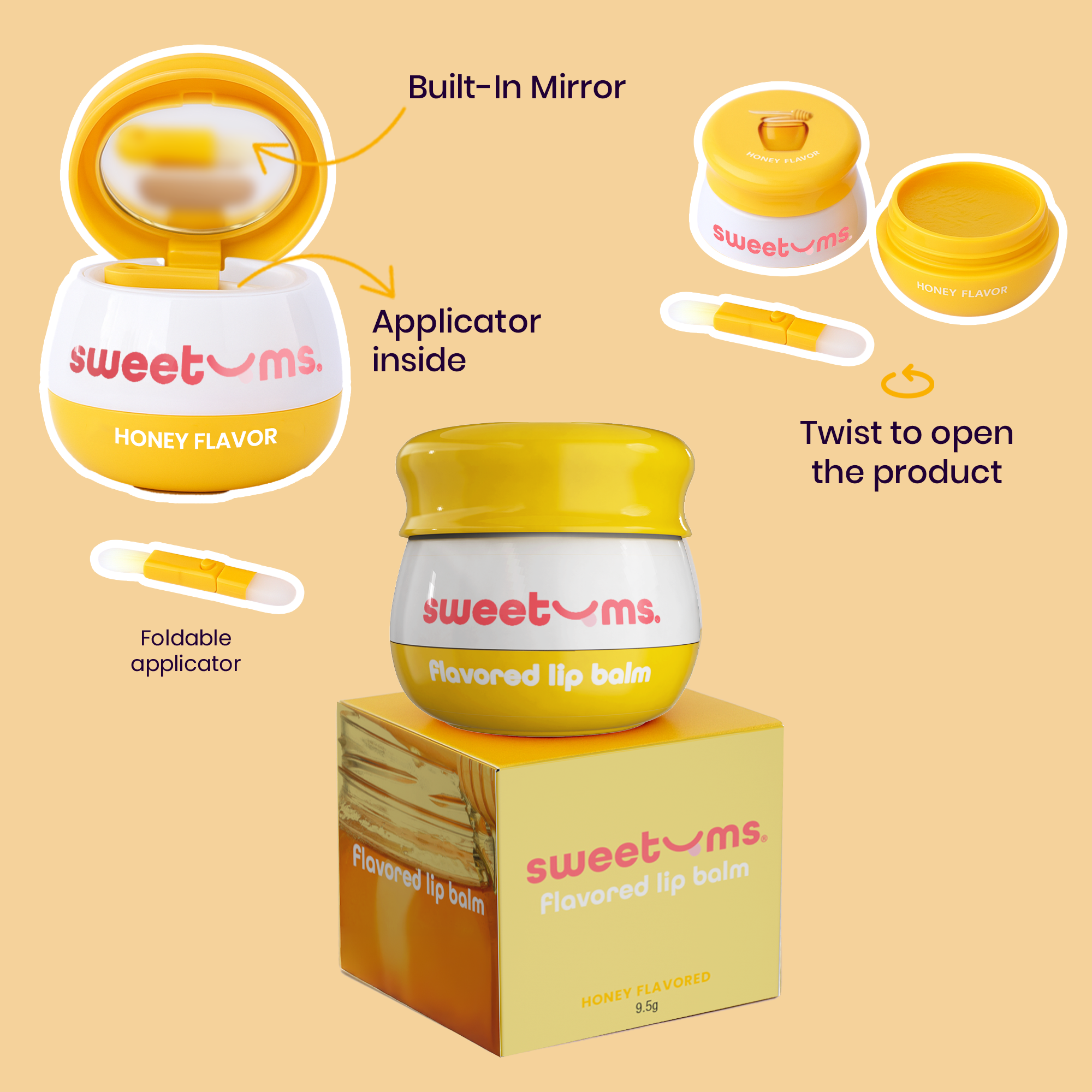 Honey flavored lip balm jar with applicator and twist-to-open cap diagram