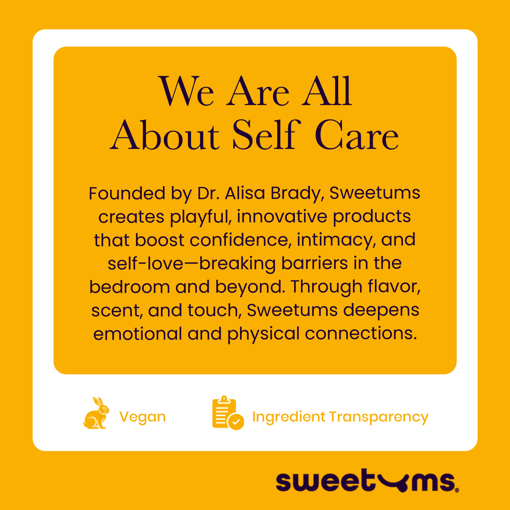 Sweetums self care card with vegan and ingredient transparency icons
