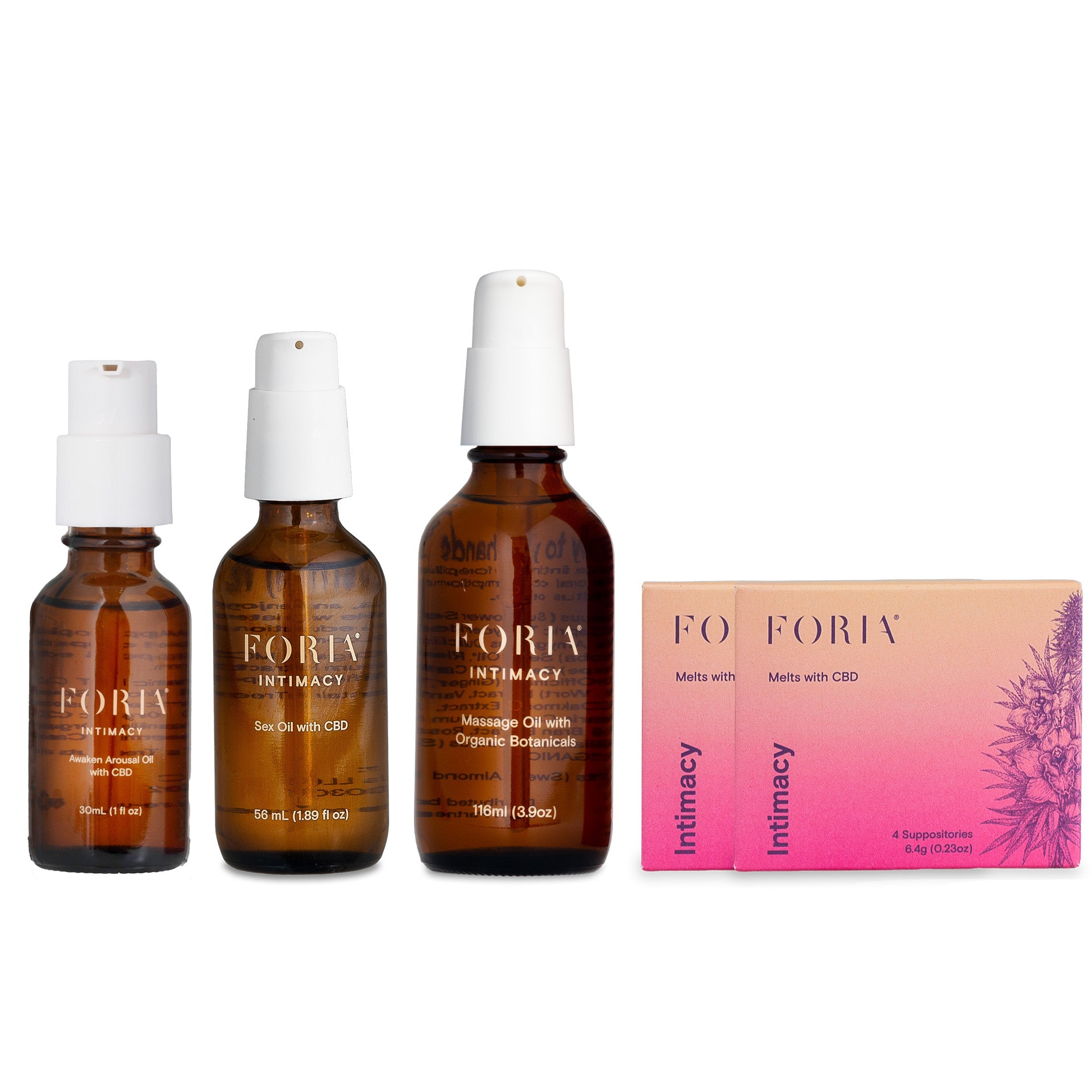 Intimacy set with three amber oil bottles, white caps, and a pink melt box