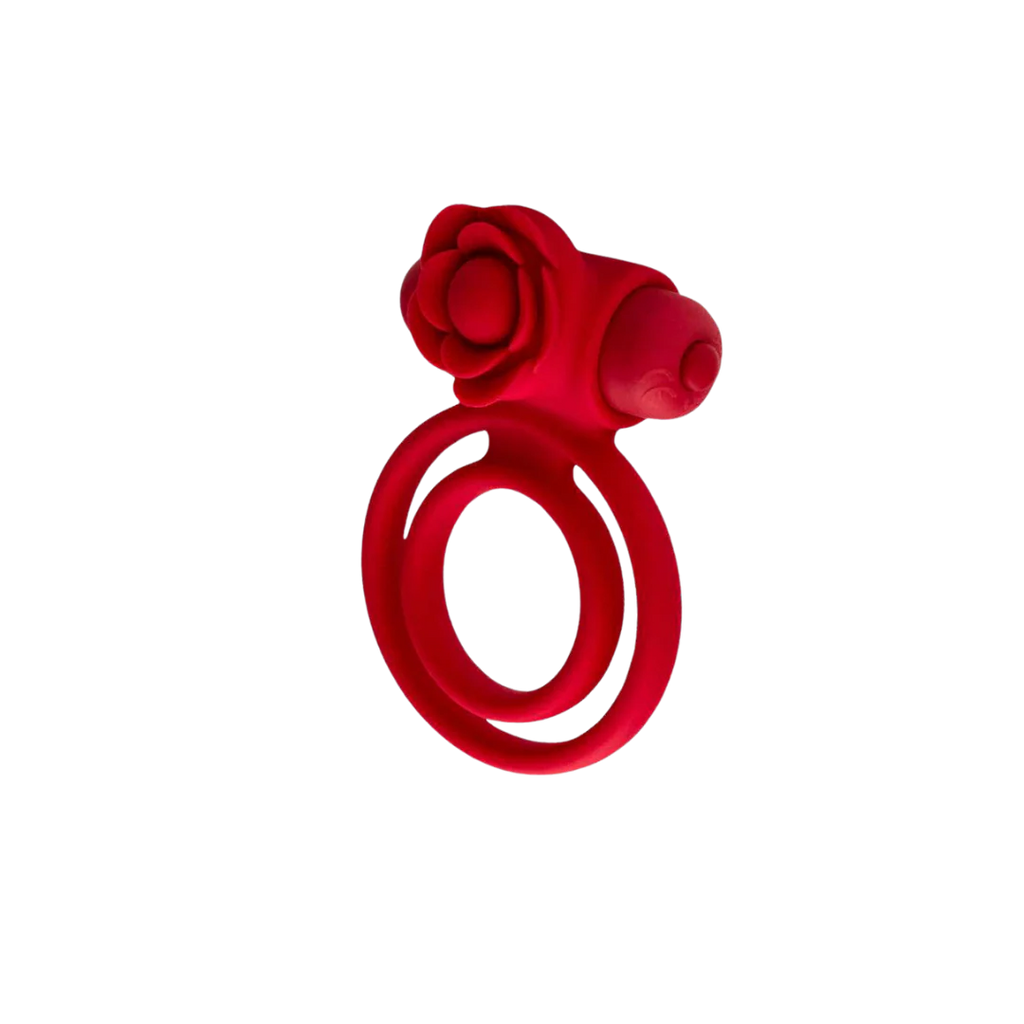 Rose-detail ring with red rose cluster and curled double band