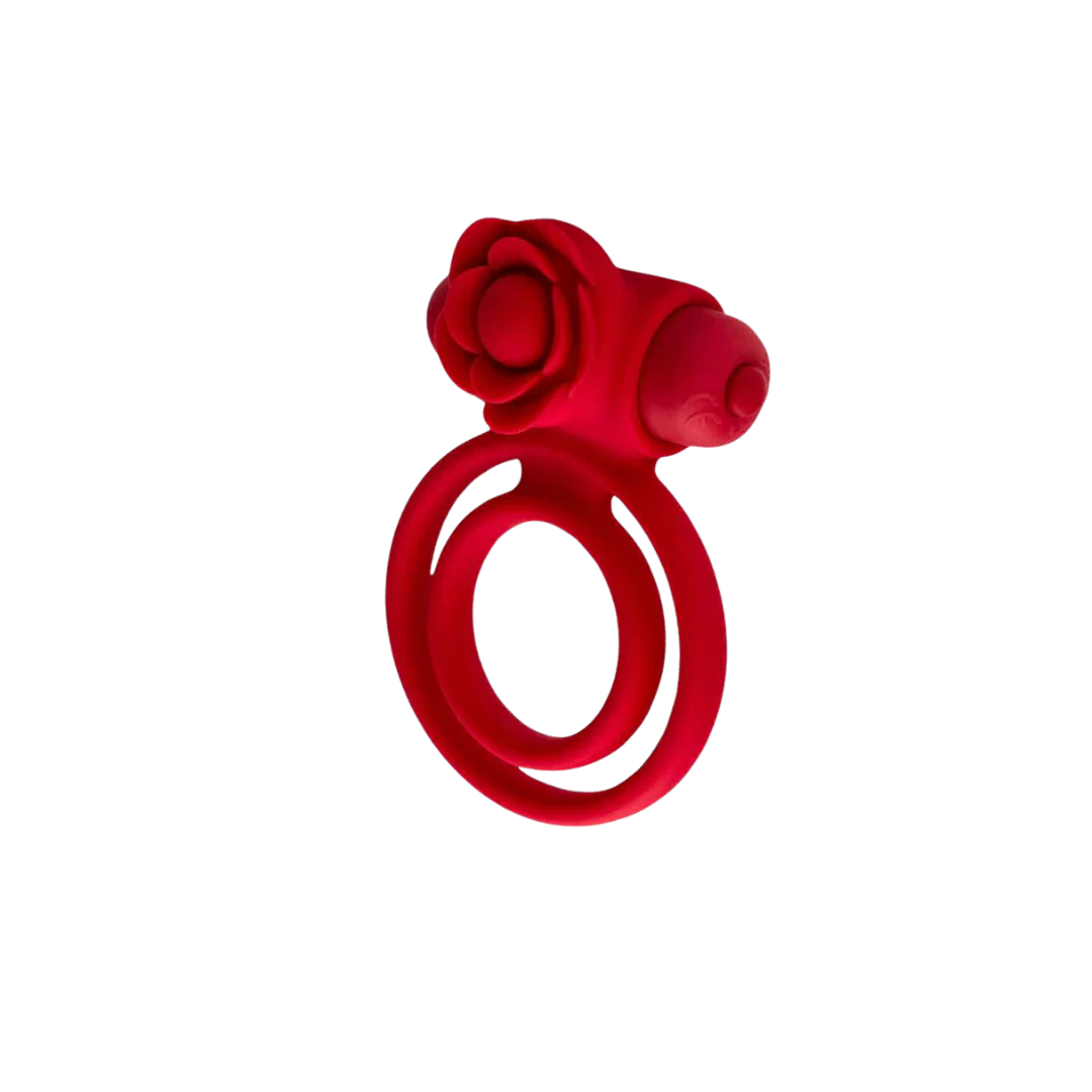 Rose-detail ring with red rose cluster and curled double band