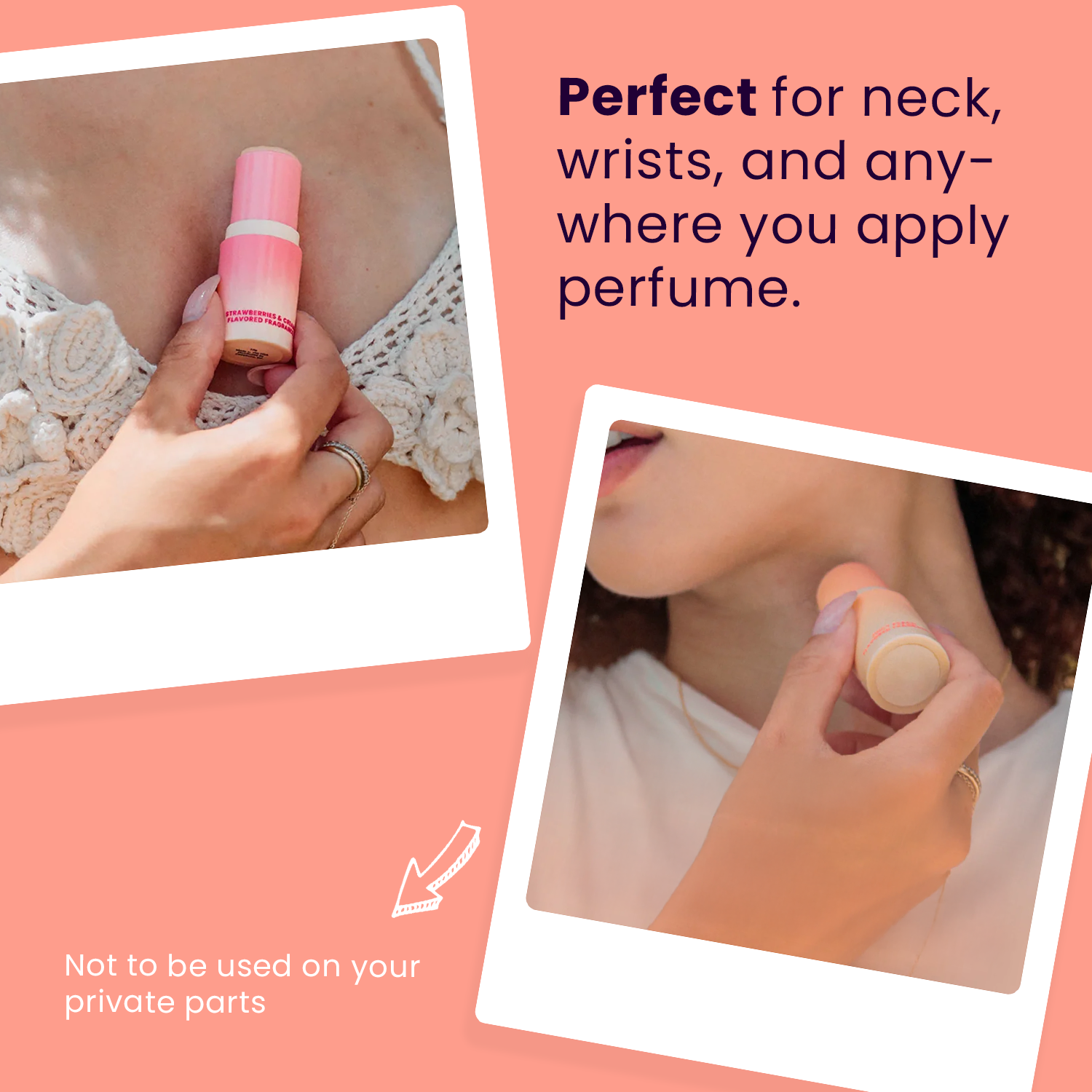 Rose flavored fragrance stick being applied to a wrist from a pink tube
