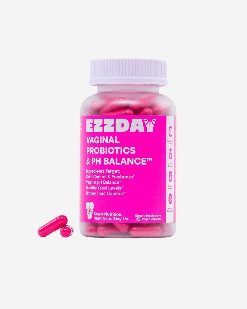 Vaginal probiotic capsule bottle with pink label and pink capsules