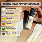 Intimate serum bottle held by hand with ingredient highlight labels