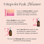 Amber massage oil bottle with white cap beside three-step instruction graphic