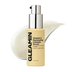 Intimate serum bottle with pump cap, labeled Vitamin C Illuminating Intimate Serum, GLAMMIN