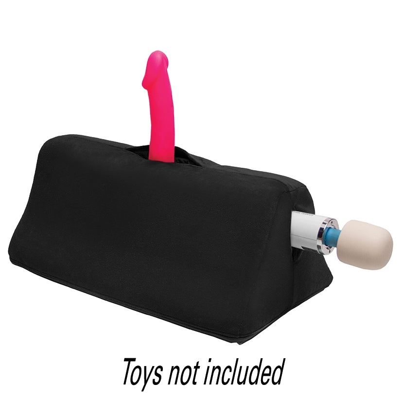 Black fabric toy mount with pink handle and white/blue attachment