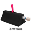 Black fabric toy mount with pink handle and white/blue attachment