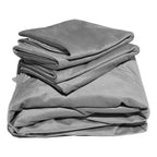 Gray liquid velvet sheet and pillowcases set, neatly folded with silky sheen creases.