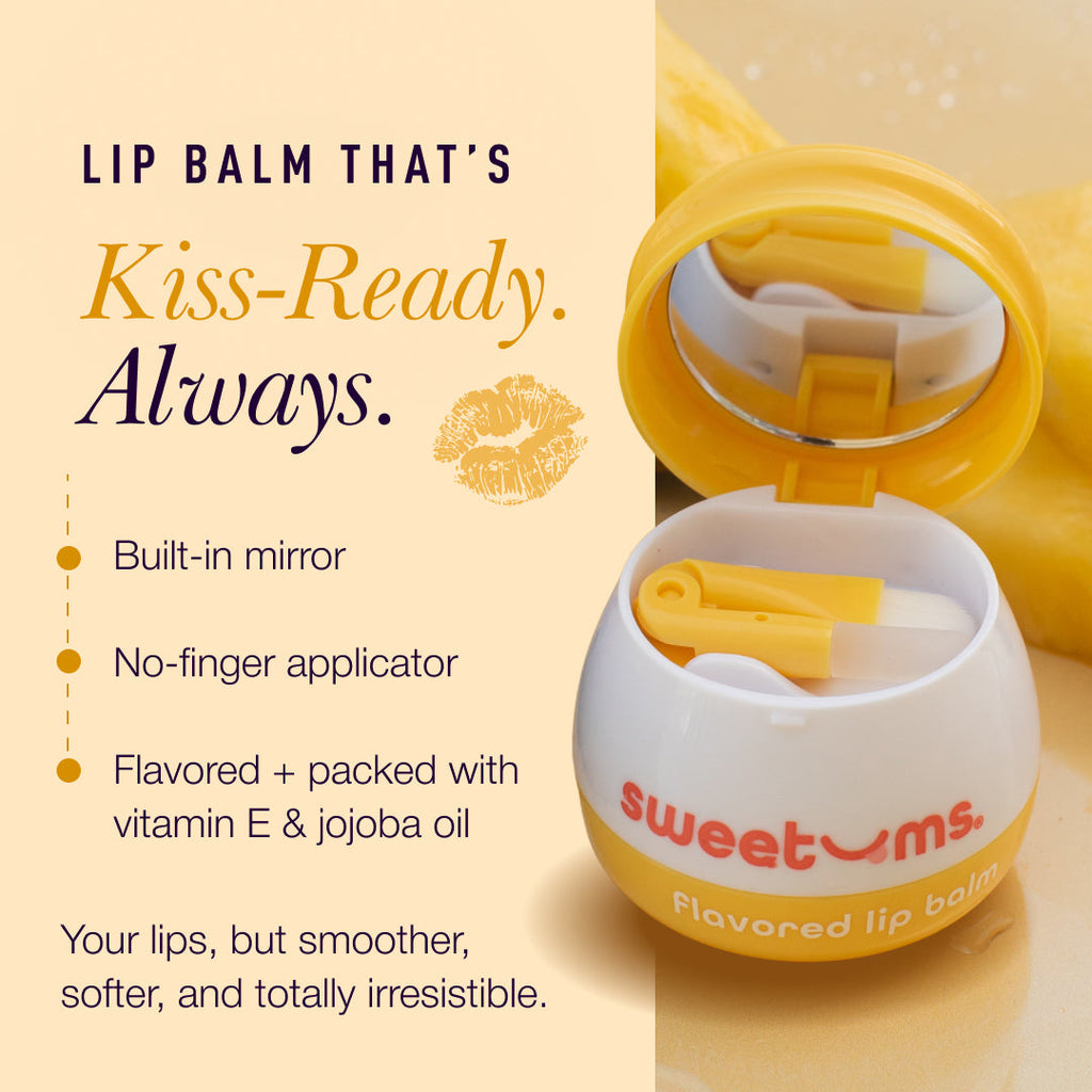 Pineapple-flavored lip balm container with open built-in mirror and applicator