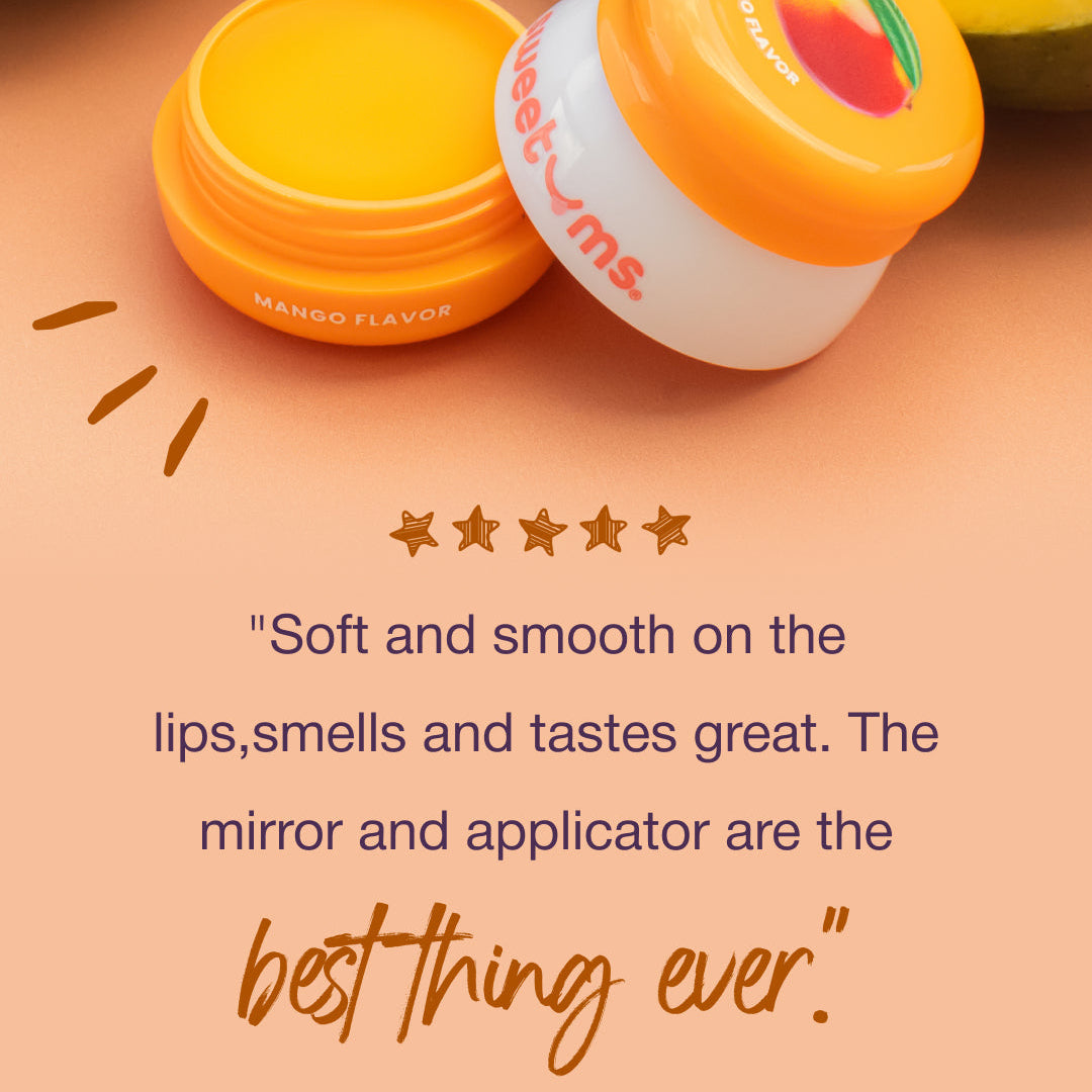 Sweetums mango flavored lip balm container with orange lid
