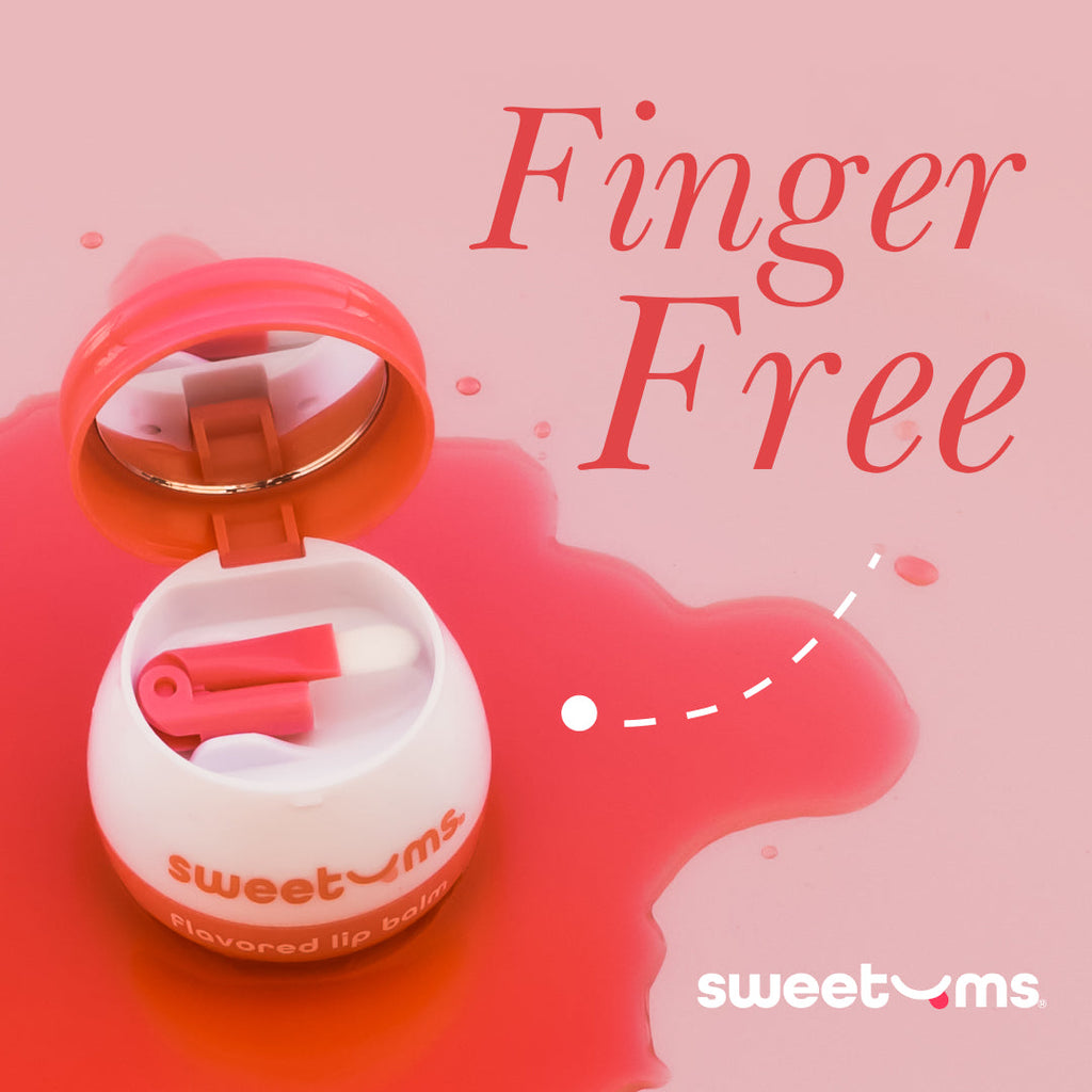 Cherry flavored lip balm jar with open lid and built-in applicator