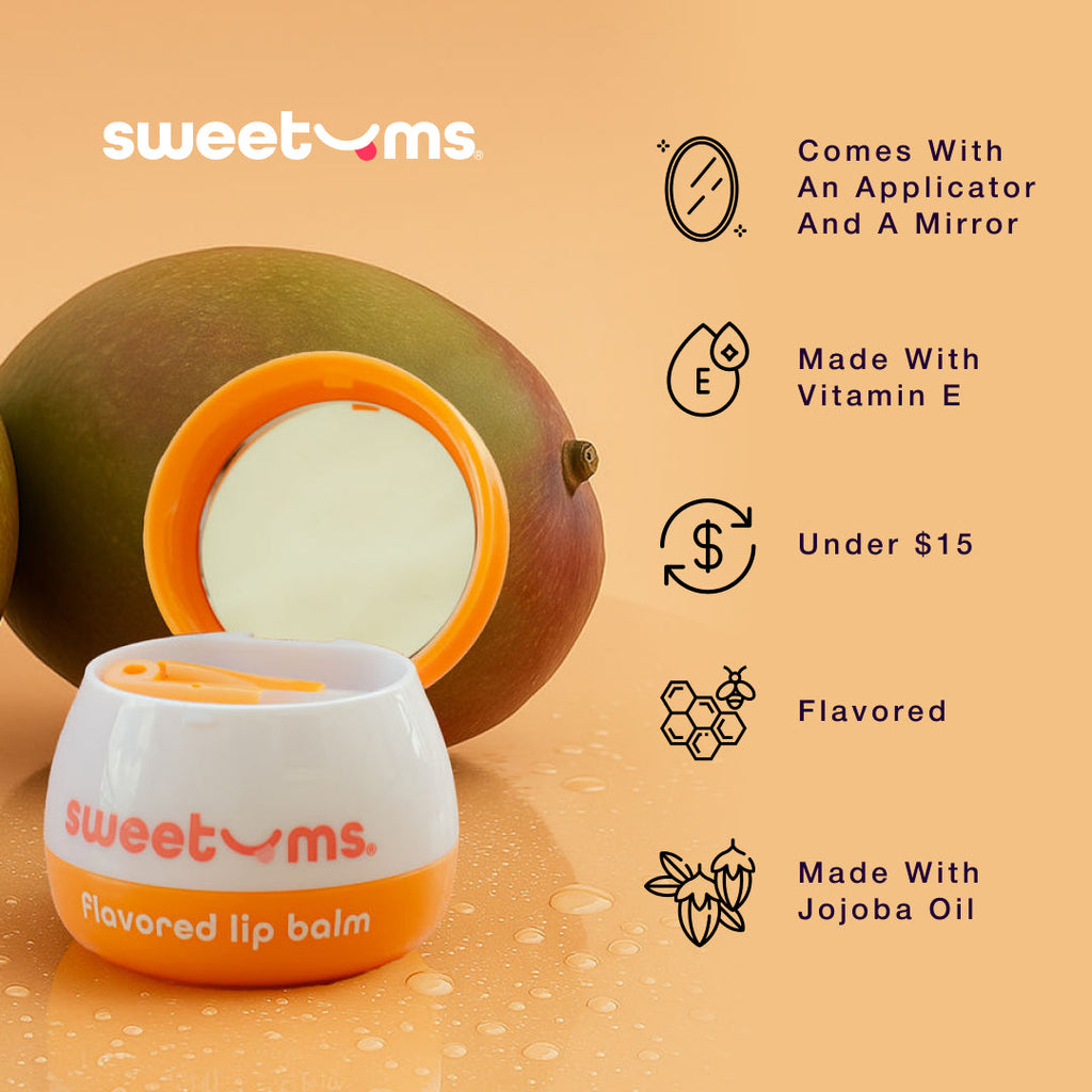 Sweetums mango lip balm showing jar with applicator and built-in mirror