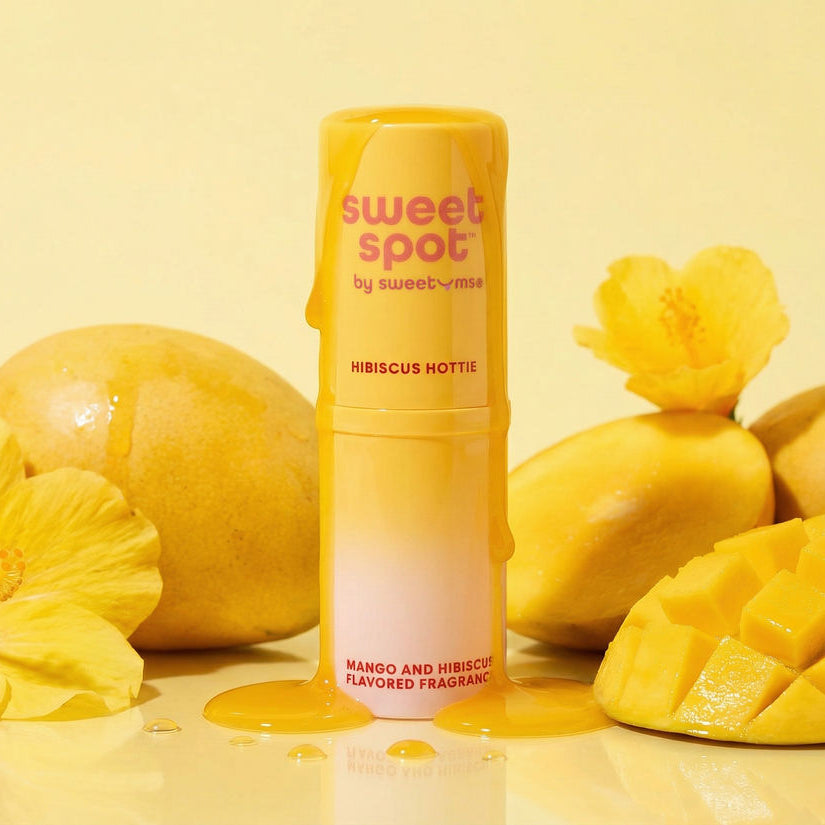 Solid fragrance stick in yellow container, hibiscus scent; capped tube with logo.