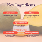 Sweetums mango lip balm key ingredients graphic with small jar centerpiece