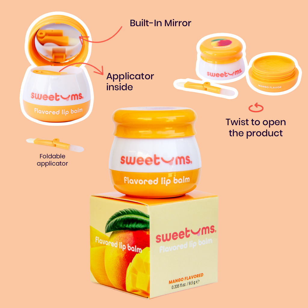Sweetums mango lip balm kit with foldable applicator and twist-open jar lid