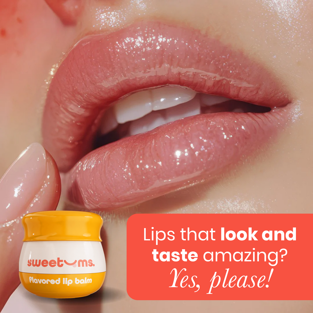Sweetums lip balm applied on lips with small mango-flavored jar shown